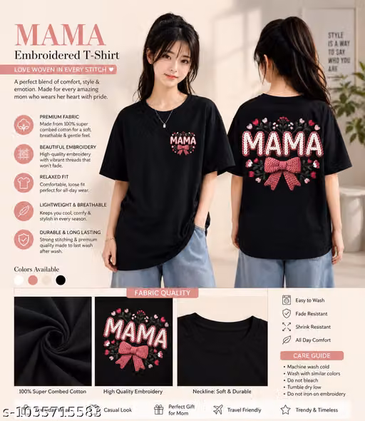 Women’s Mama Printed Black Cotton T-Shirt with Bow Back Design