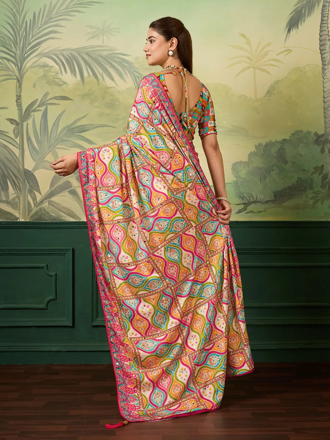 Panjari Hot Pink Multi-Color Paisley Crepe Saree with Mirror Work