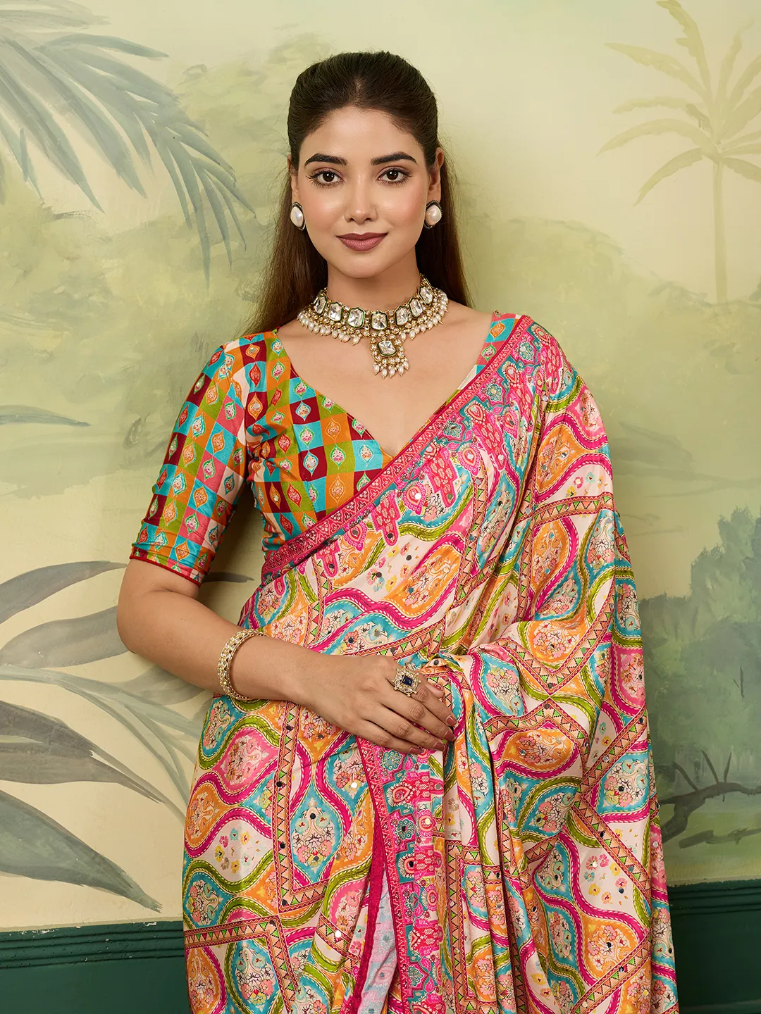 Panjari Hot Pink Multi-Color Paisley Crepe Saree with Mirror Work