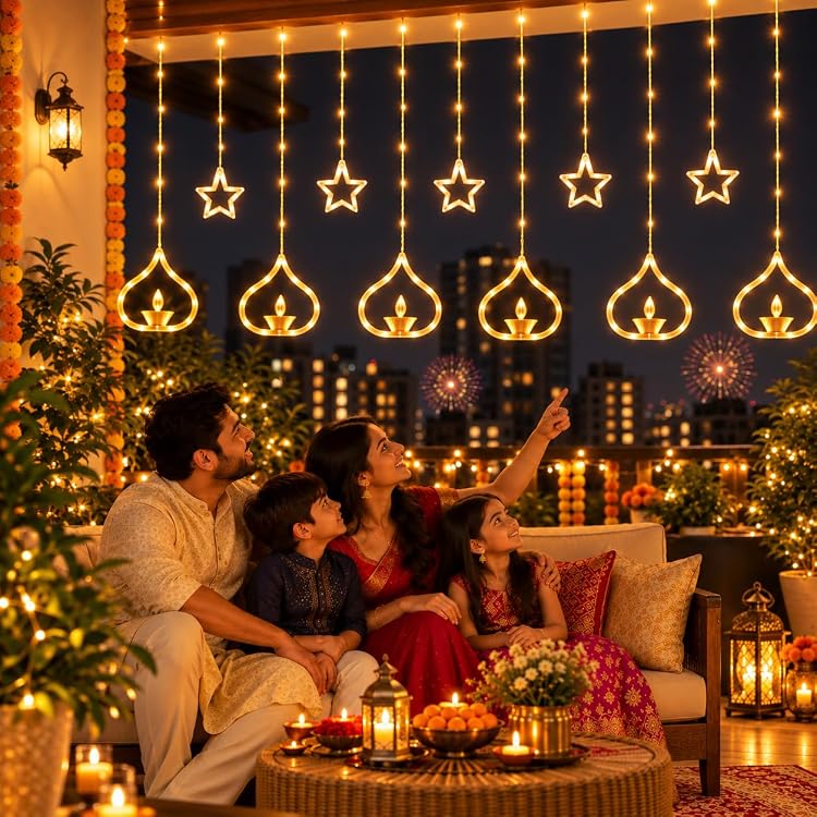 Warm White Deep Diya Curtain LED String Lights, 108 LEDs, 3 Meter, 8 Lighting Modes