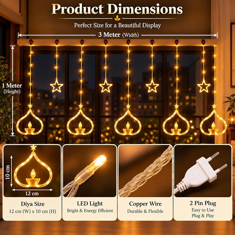 Warm White Deep Diya Curtain LED String Lights, 108 LEDs, 3 Meter, 8 Lighting Modes