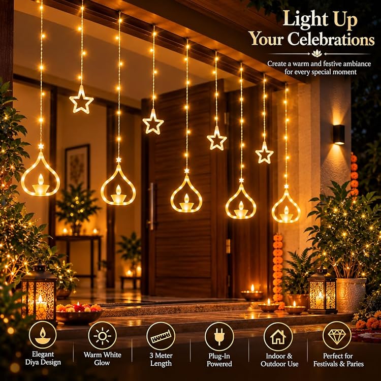 Warm White Deep Diya Curtain LED String Lights, 108 LEDs, 3 Meter, 8 Lighting Modes