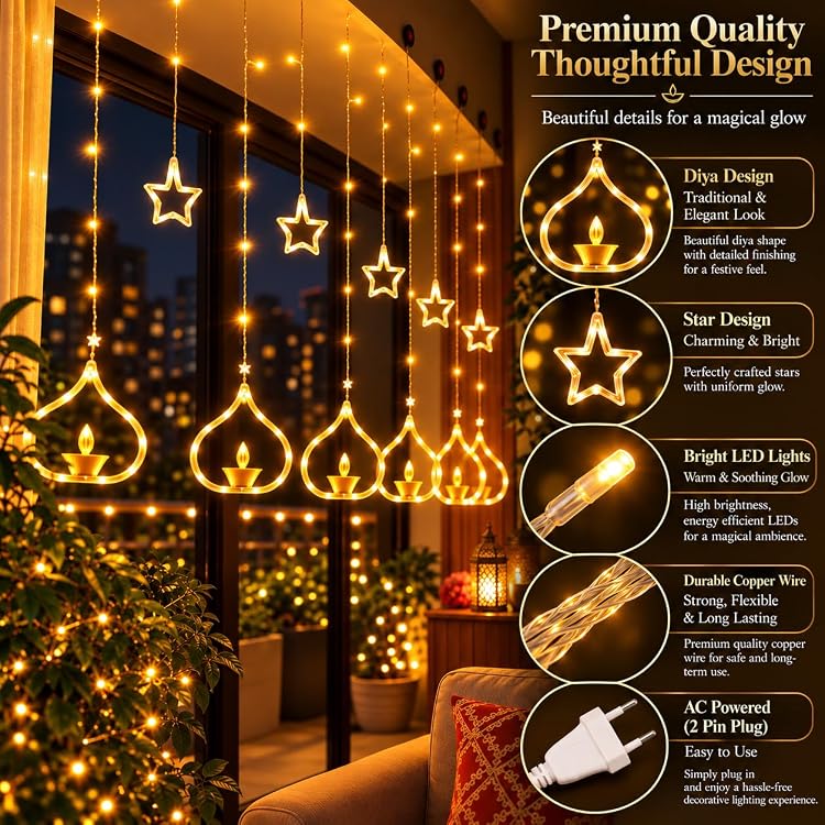 Warm White Deep Diya Curtain LED String Lights, 108 LEDs, 3 Meter, 8 Lighting Modes
