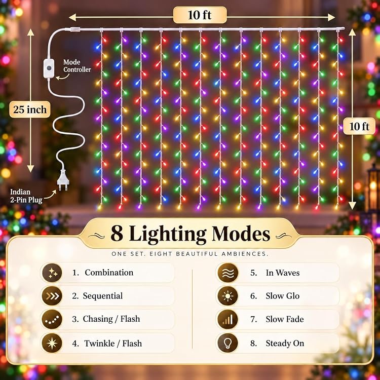 Multicolor LED Curtain Fairy String Lights, 180 LEDs, 10x10 Ft Waterfall Backdrop Lights with 8 Modes