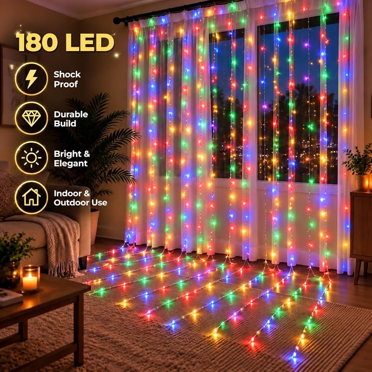 Multicolor LED Curtain Fairy String Lights, 180 LEDs, 10x10 Ft Waterfall Backdrop Lights with 8 Modes