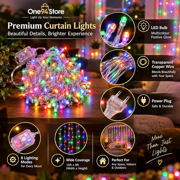 Multicolor LED Curtain Fairy String Lights, 180 LEDs, 10x10 Ft Waterfall Backdrop Lights with 8 Modes