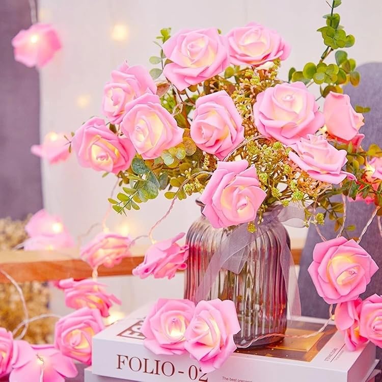 Pink Rose Flower LED String Fairy Lights, 14 LEDs, 3 Meter Plug-In Decorative Lights