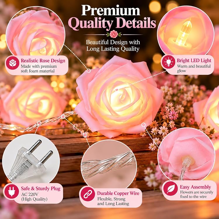 Pink Rose Flower LED String Fairy Lights, 14 LEDs, 3 Meter Plug-In Decorative Lights