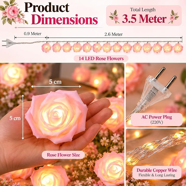 Pink Rose Flower LED String Fairy Lights, 14 LEDs, 3 Meter Plug-In Decorative Lights