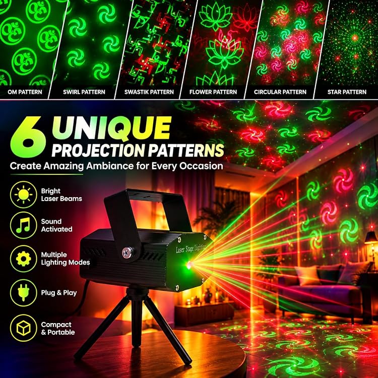 Mini Laser Projector Stage Light with Tripod Stand, 6 Lighting Patterns, Sound Activated DJ Party Light