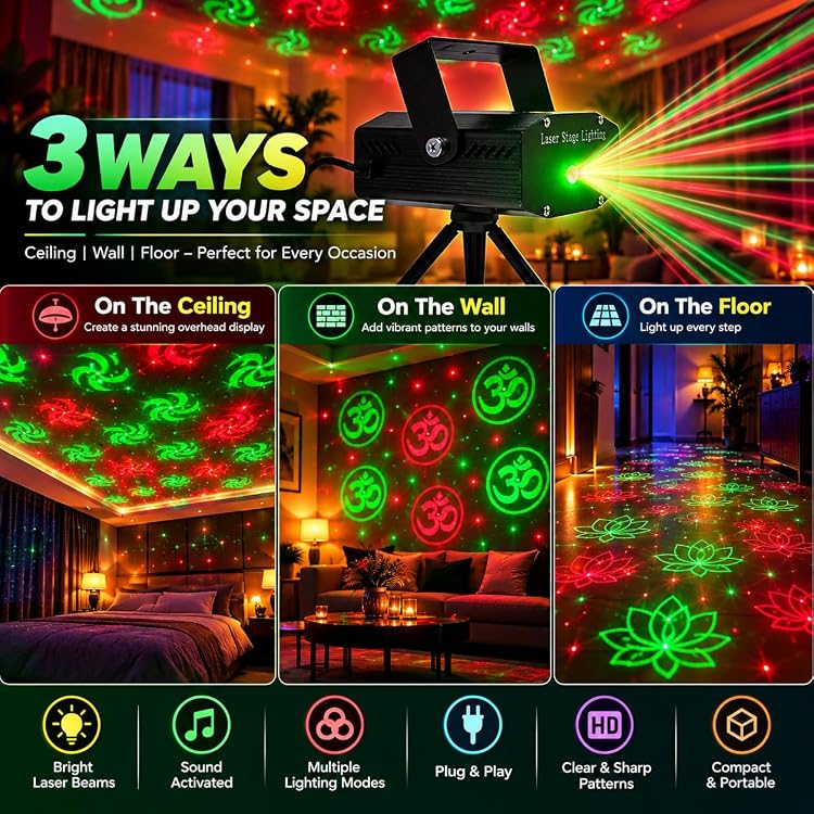 Mini Laser Projector Stage Light with Tripod Stand, 6 Lighting Patterns, Sound Activated DJ Party Light