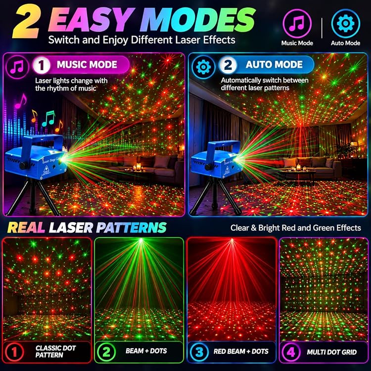 Mini Laser Projector DJ Party Light with Tripod Stand, Sound Activated Dot Design, Plug-In Stage Light