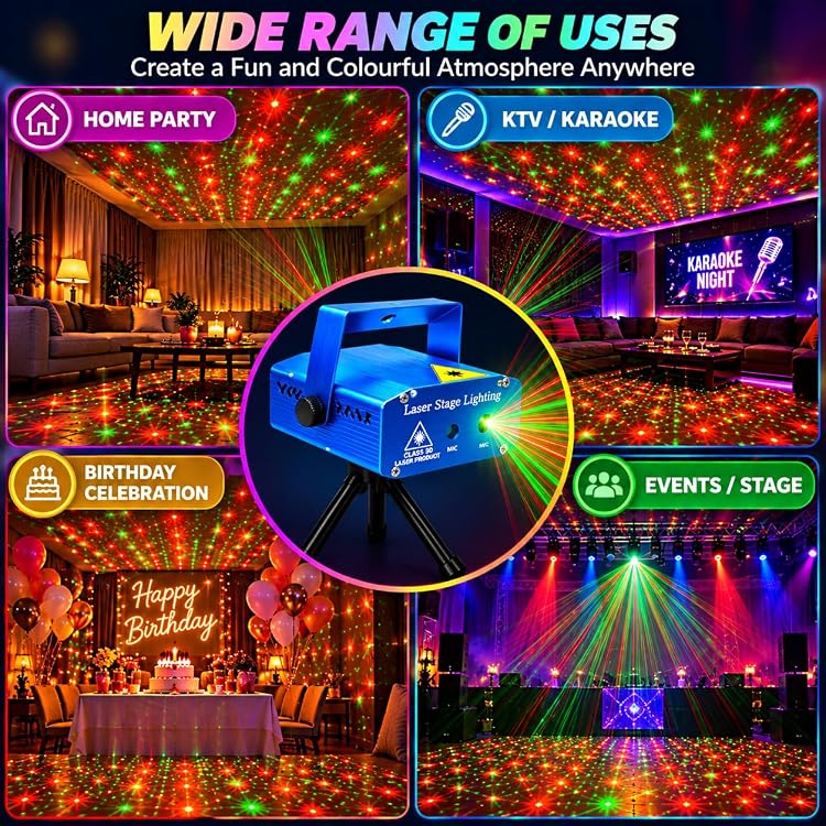 Mini Laser Projector DJ Party Light with Tripod Stand, Sound Activated Dot Design, Plug-In Stage Light