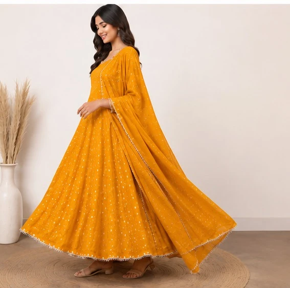 Women Mustard Yellow Printed Anarkali Kurta Pant Set with Dupatta | Flared Ethnic Suit Set