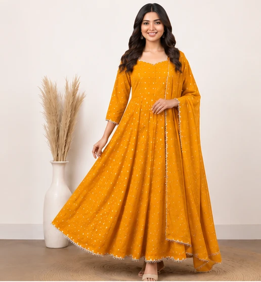 Women Mustard Yellow Printed Anarkali Kurta Pant Set with Dupatta | Flared Ethnic Suit Set