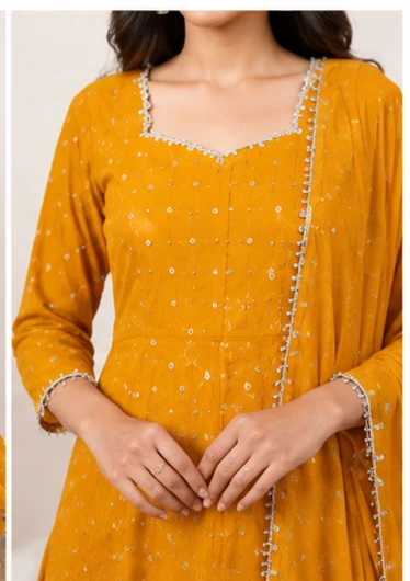Women Mustard Yellow Printed Anarkali Kurta Pant Set with Dupatta | Flared Ethnic Suit Set