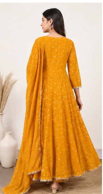 Women Mustard Yellow Printed Anarkali Kurta Pant Set with Dupatta | Flared Ethnic Suit Set