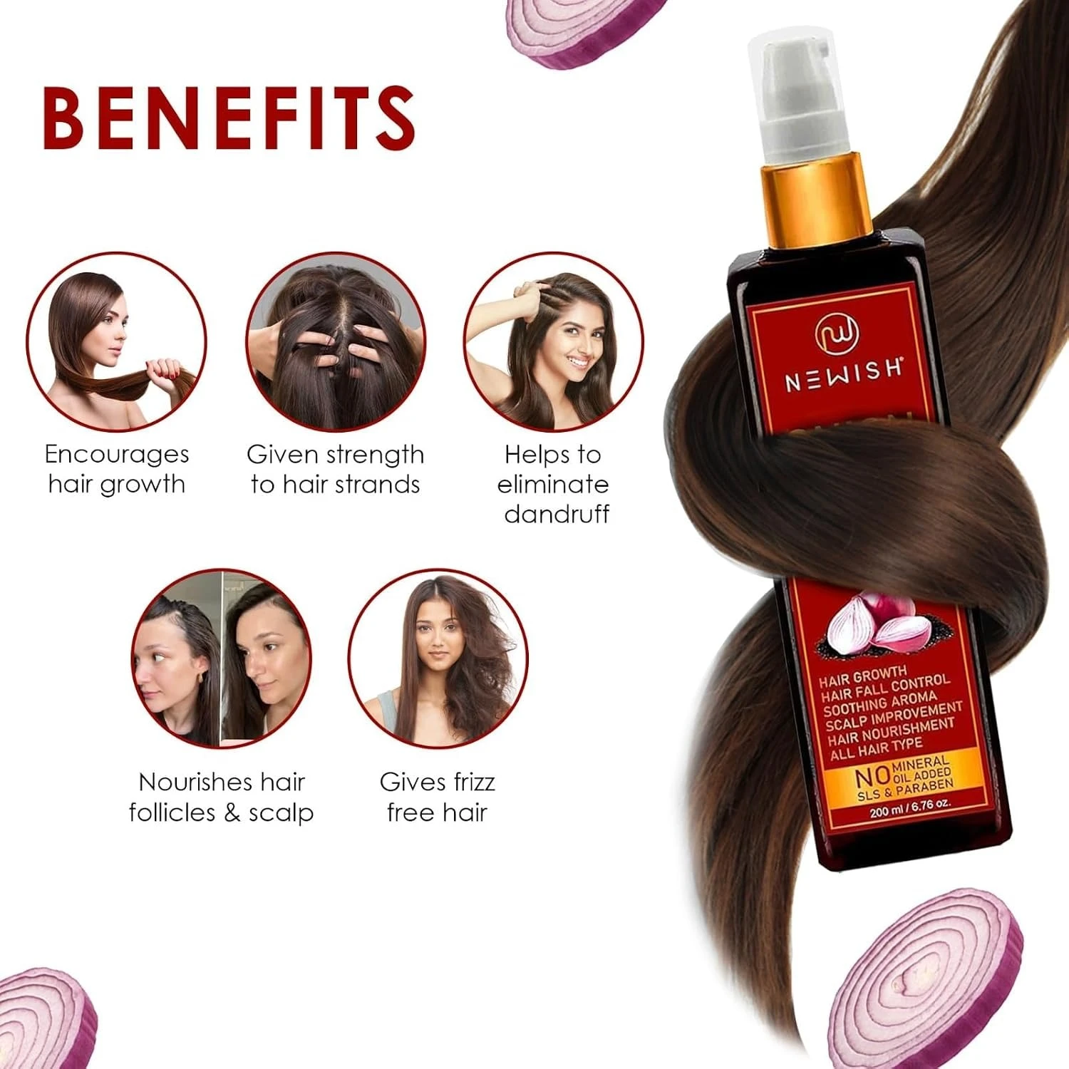 Newish Onion Black Seed Hair Oil for Hair Growth & Hair Fall Control | 100% Natural Cold Pressed Oil with Red Onion & Kalonji for Strong, Thick, Shiny Hair – 200ml