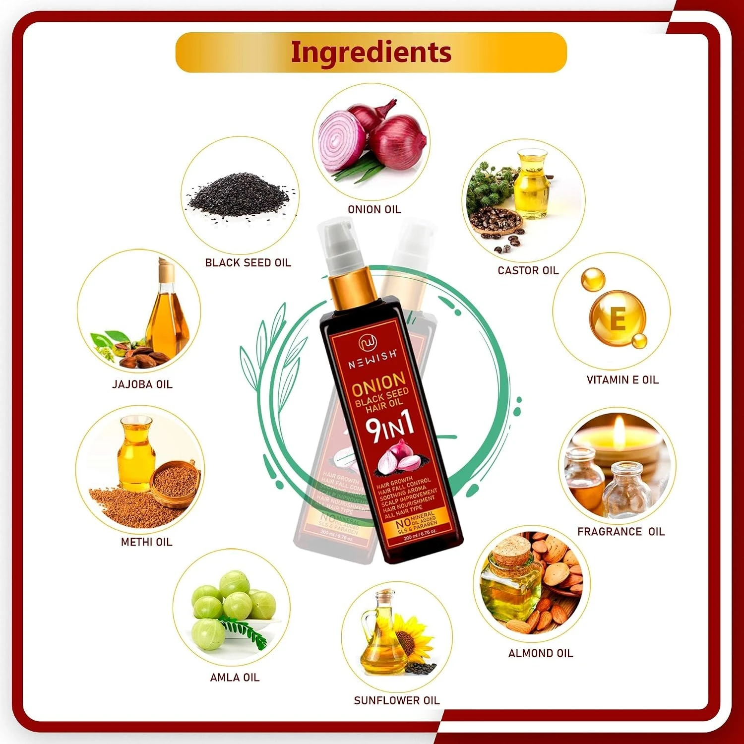 Newish Onion Black Seed Hair Oil for Hair Growth & Hair Fall Control | 100% Natural Cold Pressed Oil with Red Onion & Kalonji for Strong, Thick, Shiny Hair – 200ml