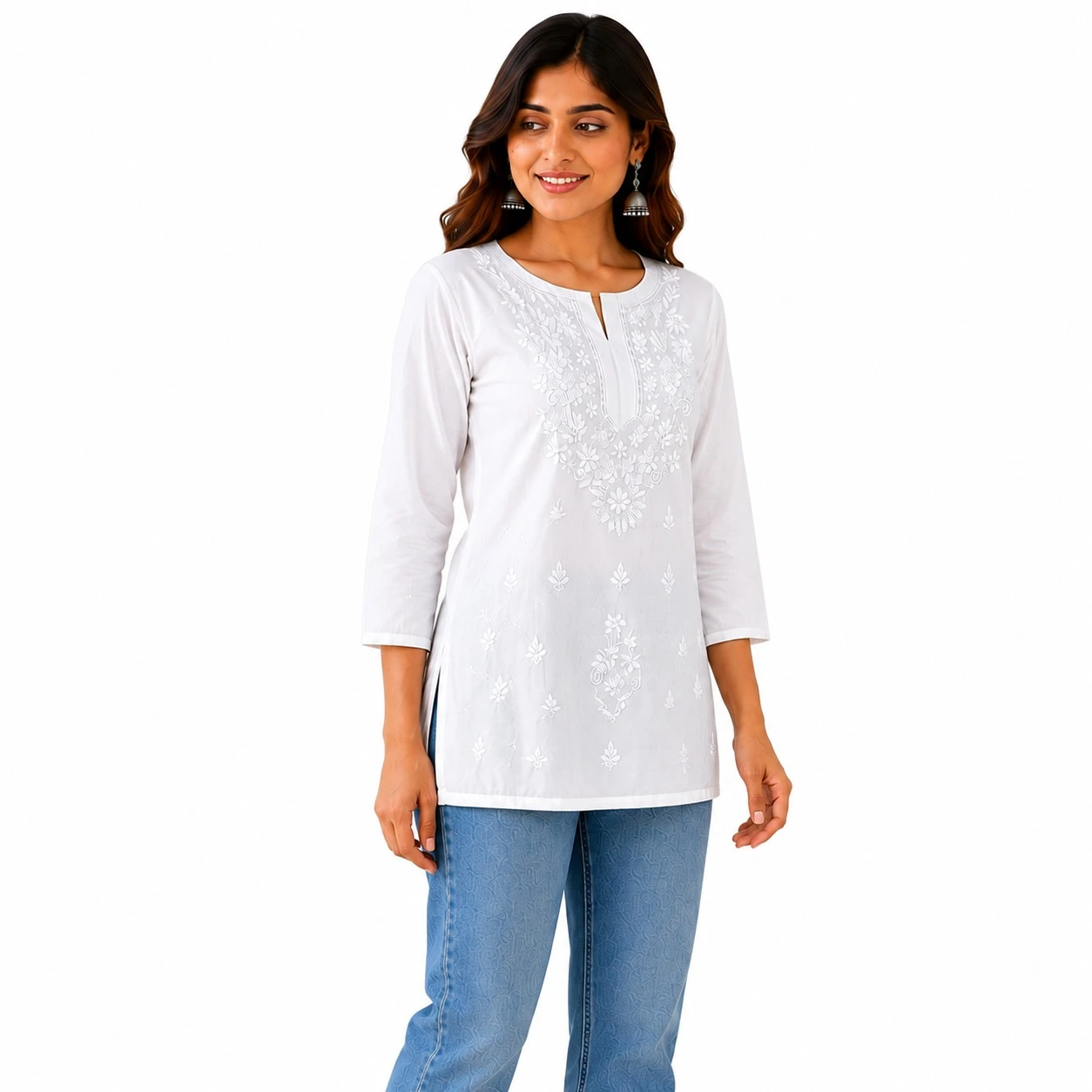 Pansho Omkara short length Super Fine Rayon Machine embroidery - White