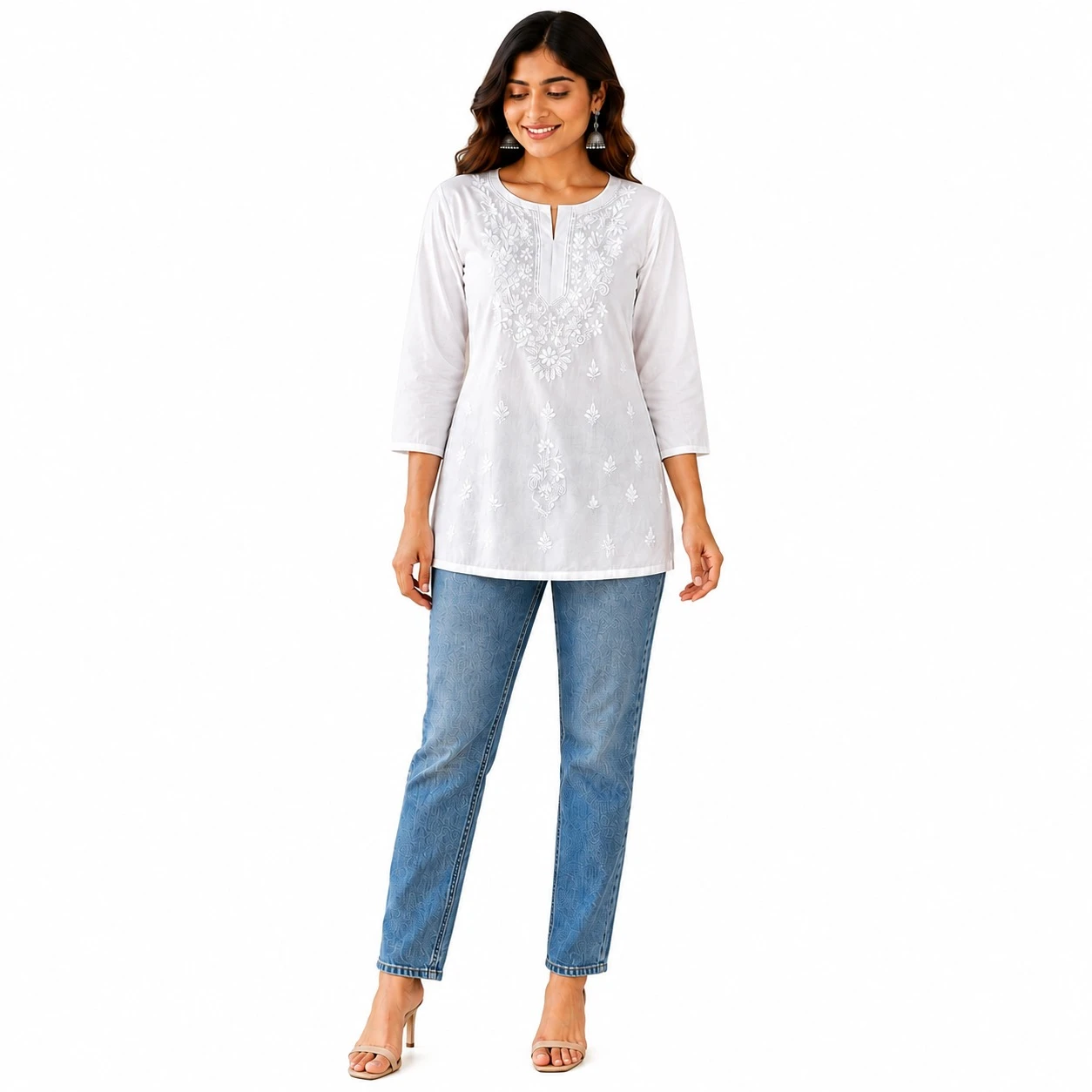 Pansho Omkara short length Super Fine Rayon Machine embroidery - White