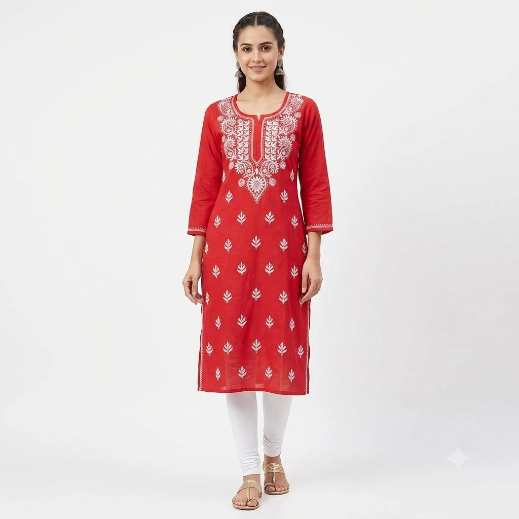 Pansho Rayon chikankari Long Kurta - Red color