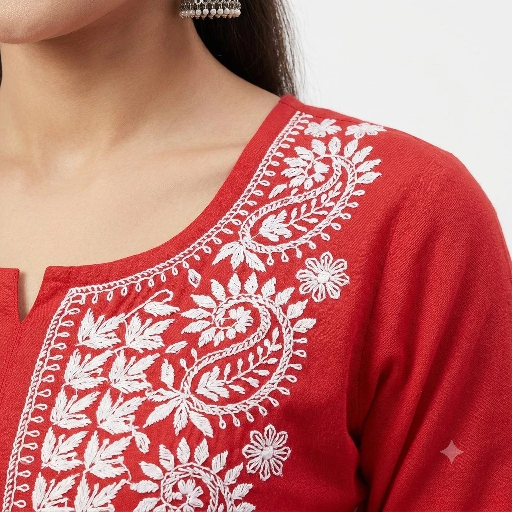 Pansho Rayon chikankari Long Kurta - Red color