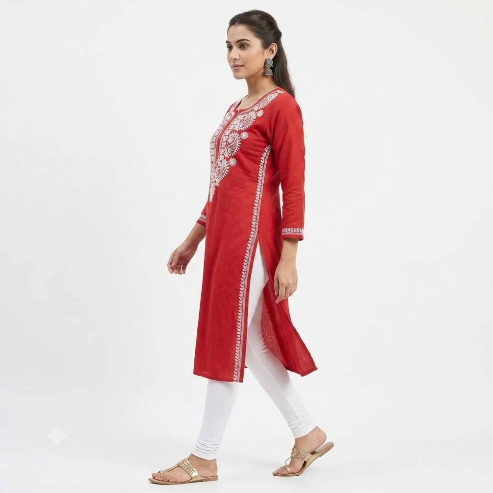 Pansho Rayon chikankari Long Kurta - Red color