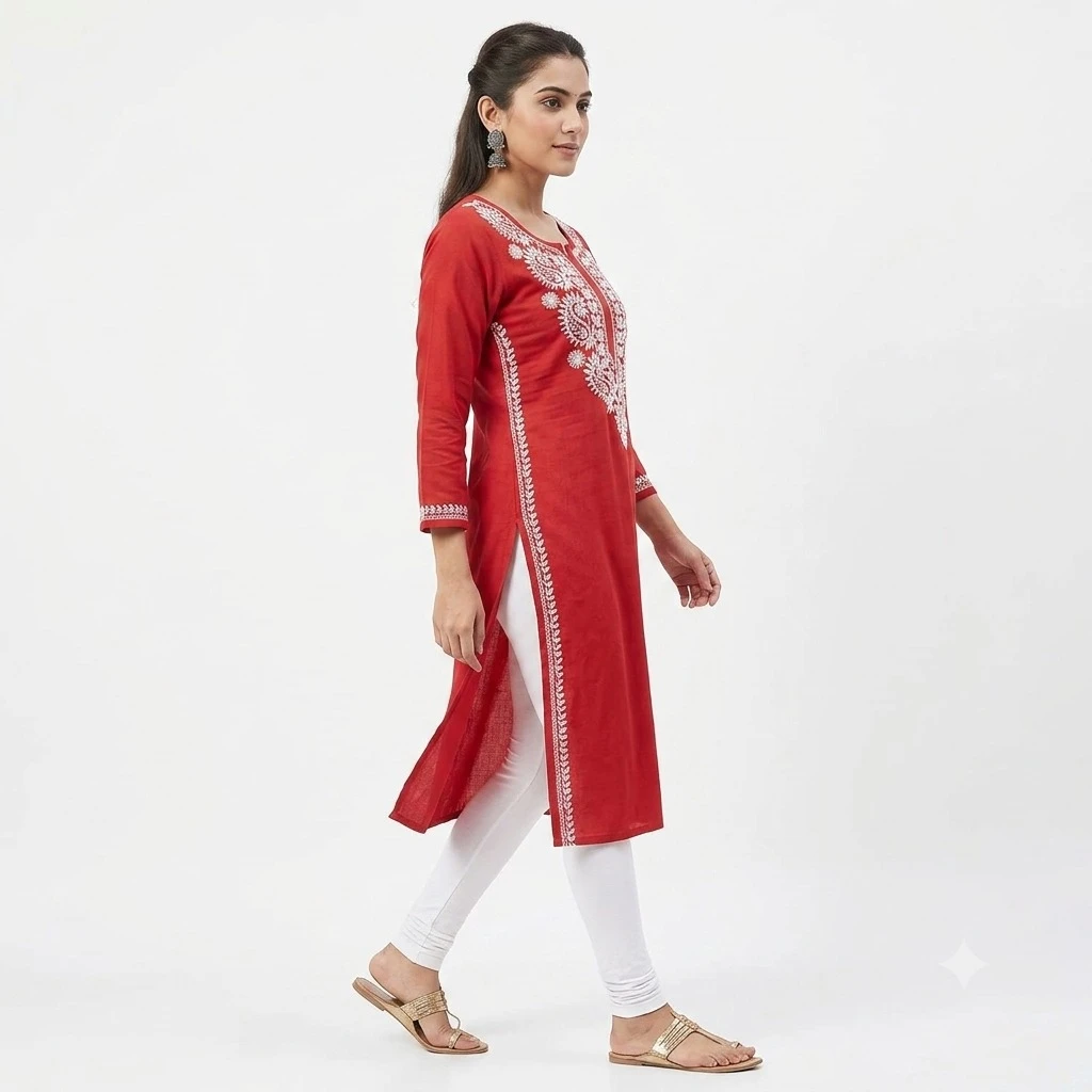 Pansho Rayon chikankari Long Kurta - Red color