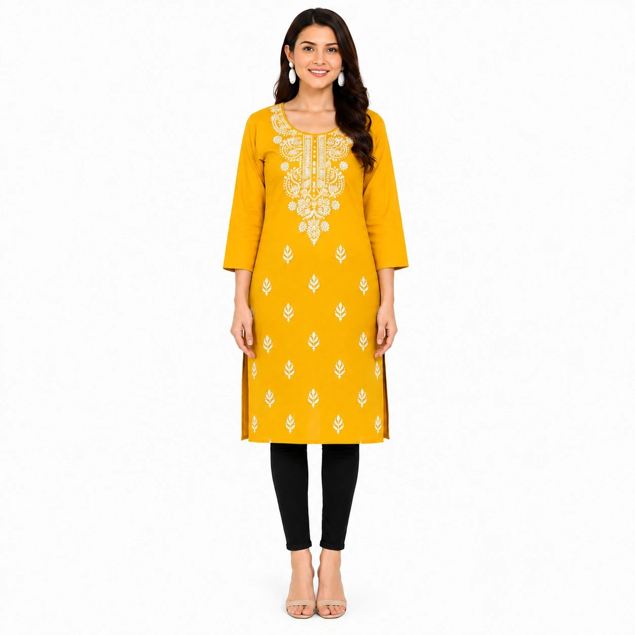 Pansho Rayon Chikankari Long Kurta - Mustard Golden color