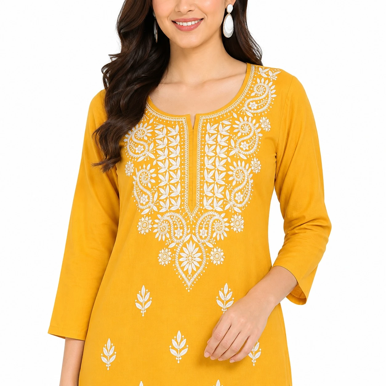 Pansho Rayon Chikankari Long Kurta - Mustard Golden color