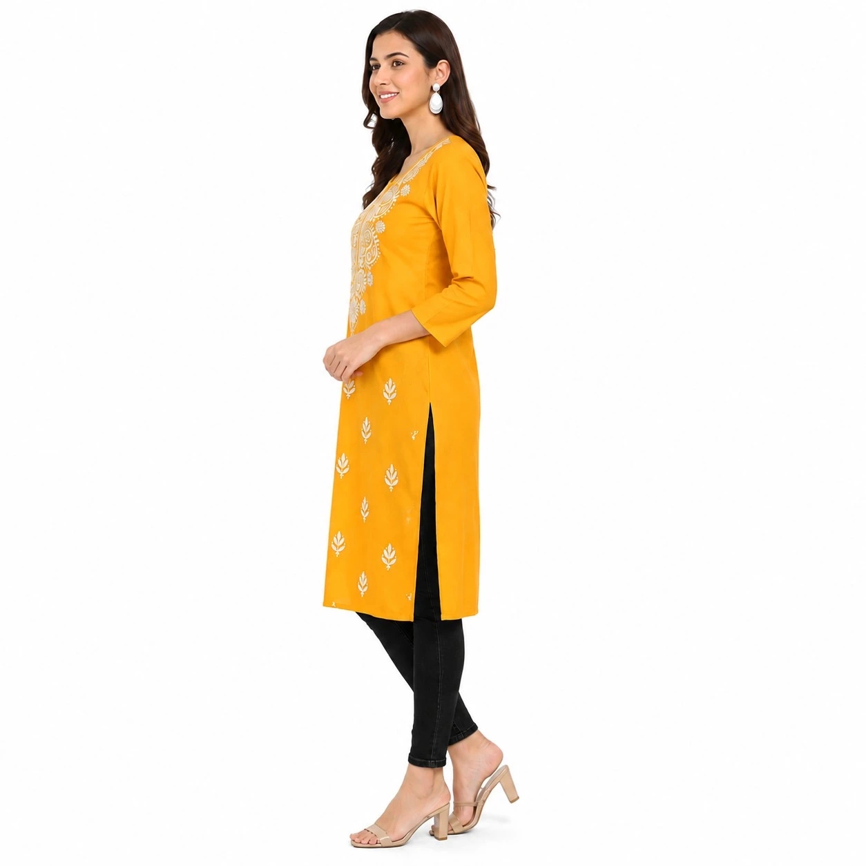 Pansho Rayon Chikankari Long Kurta - Mustard Golden color