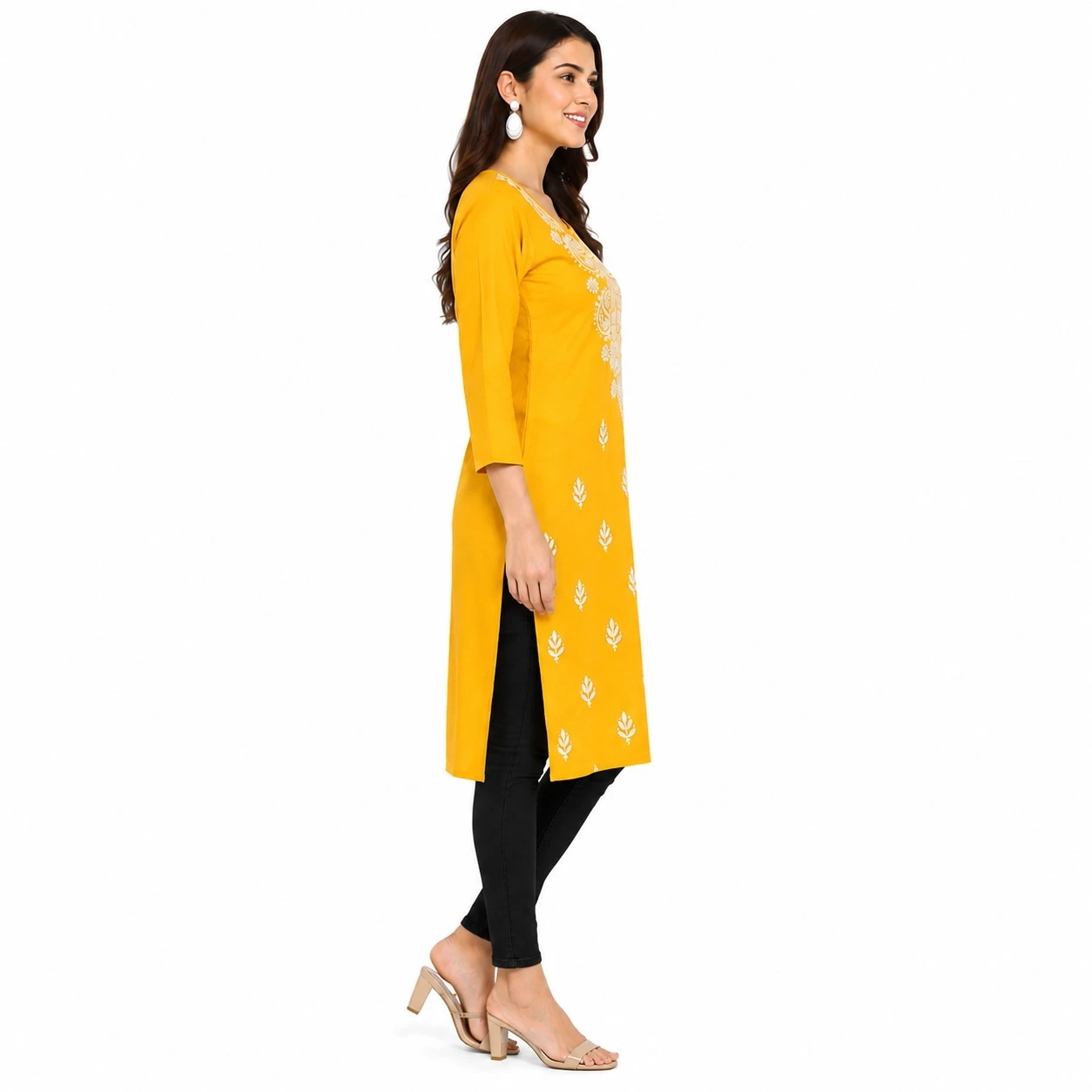 Pansho Rayon Chikankari Long Kurta - Mustard Golden color