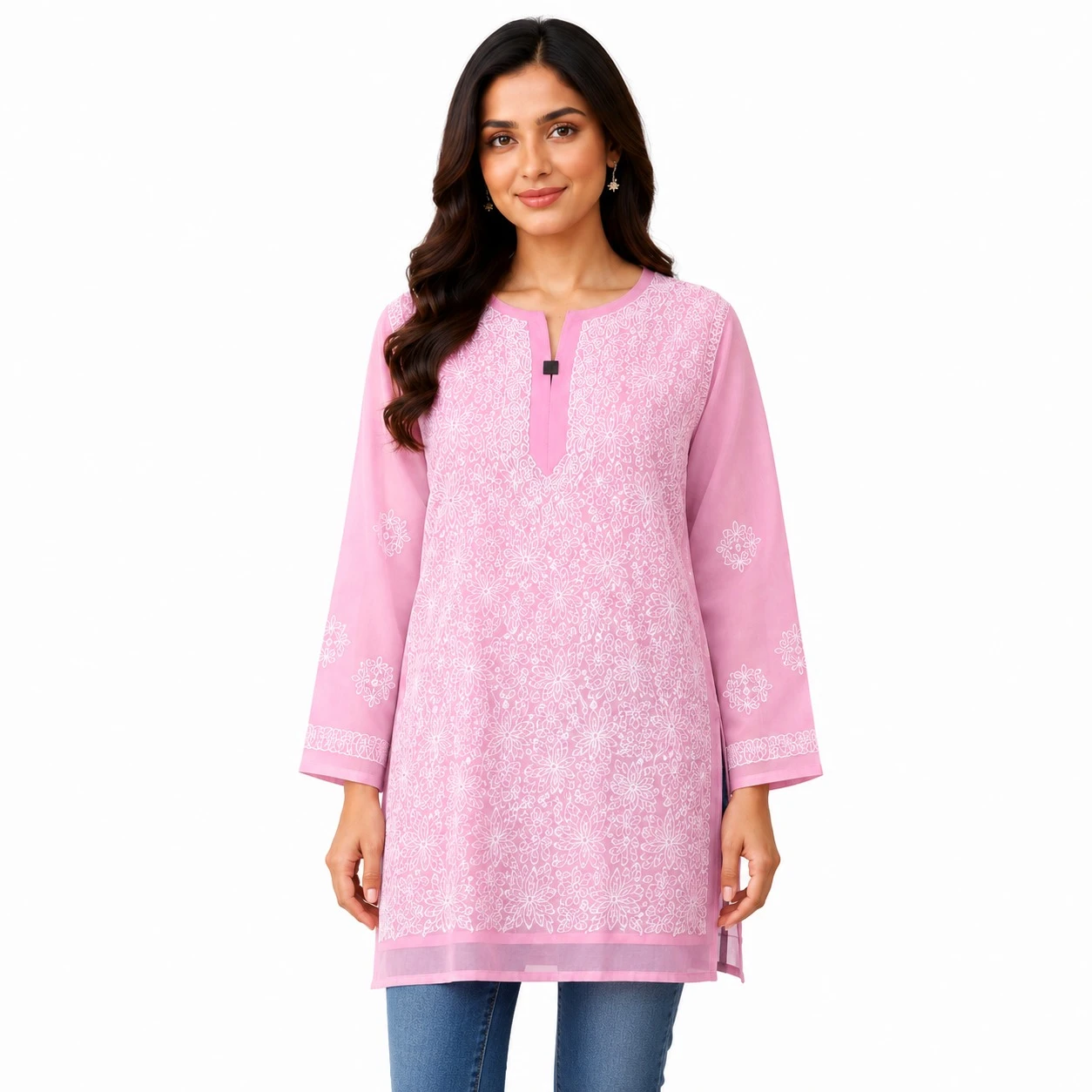Pansho cotton Long Kurta with heavy Chikankari work in front back & sleeves - Pink