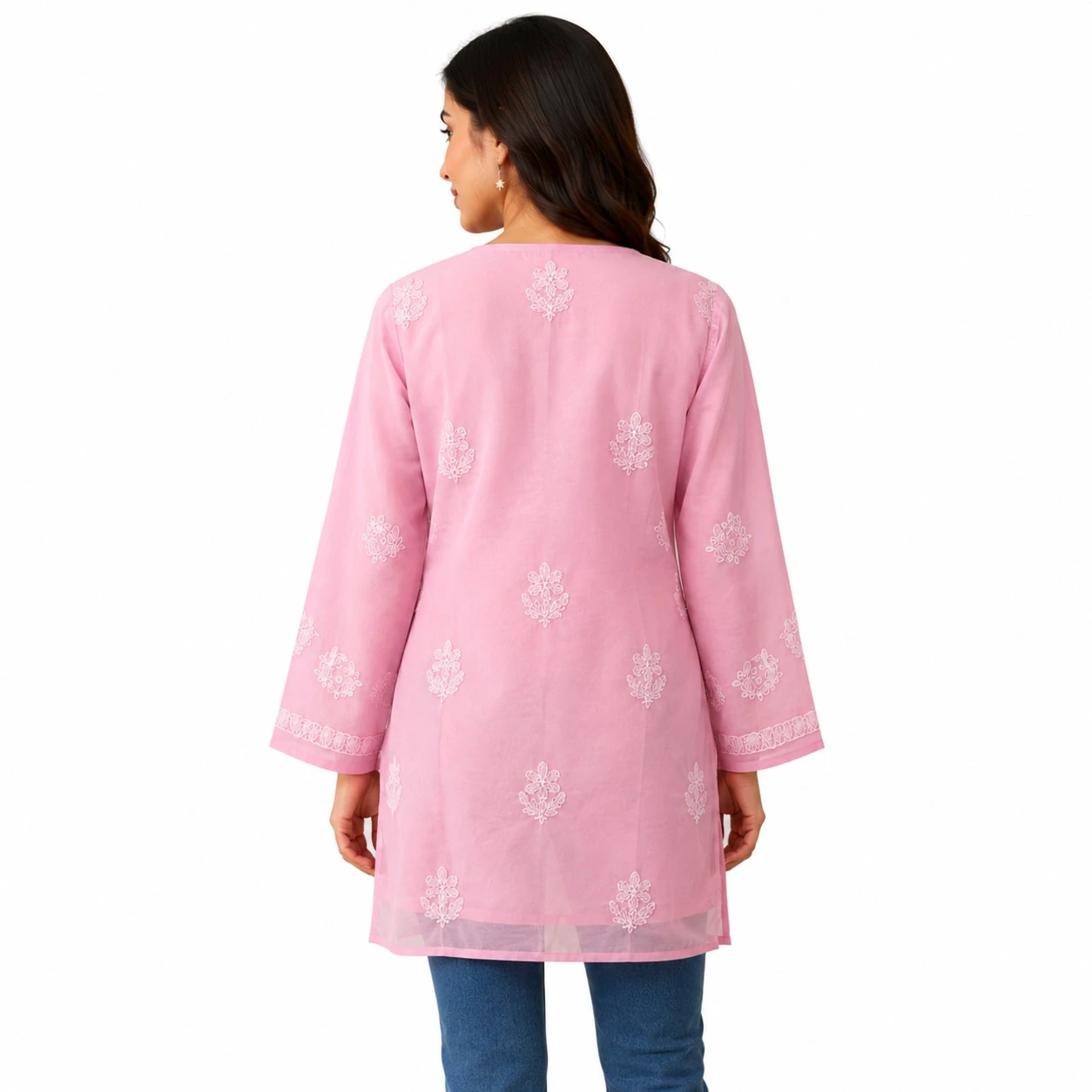 Pansho cotton Long Kurta with heavy Chikankari work in front back & sleeves - Pink