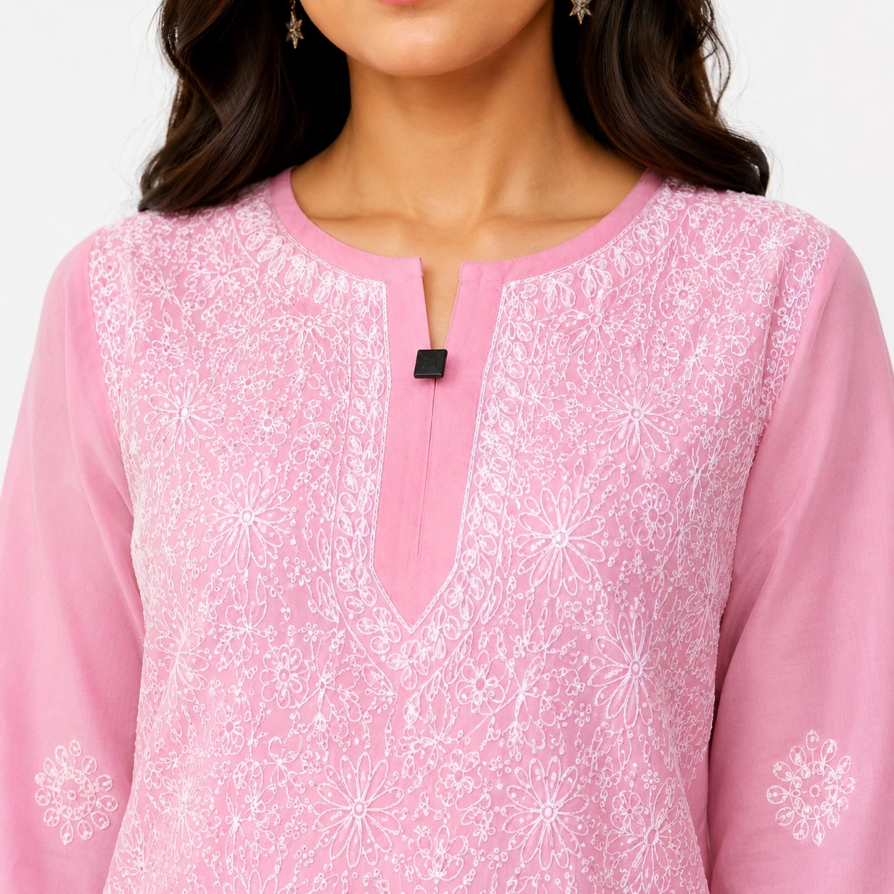 Pansho cotton Long Kurta with heavy Chikankari work in front back & sleeves - Pink