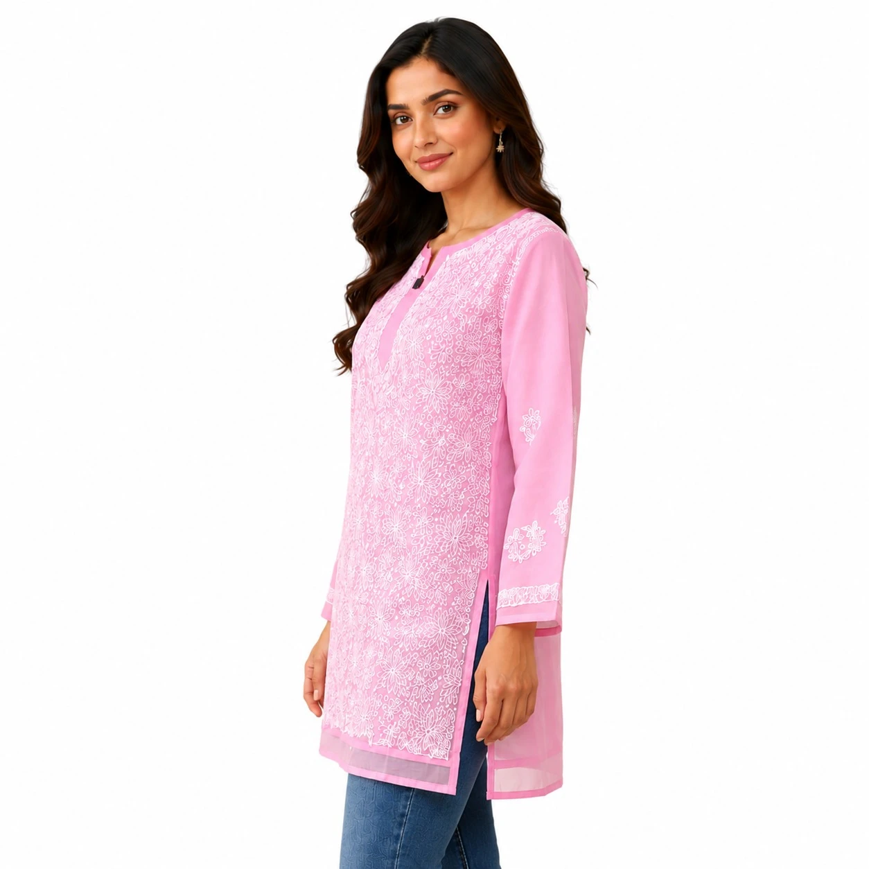 Pansho cotton Long Kurta with heavy Chikankari work in front back & sleeves - Pink