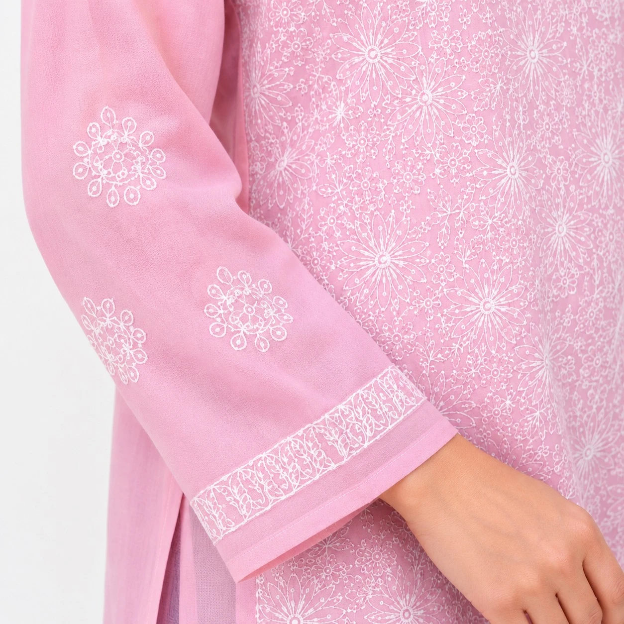 Pansho cotton Long Kurta with heavy Chikankari work in front back & sleeves - Pink