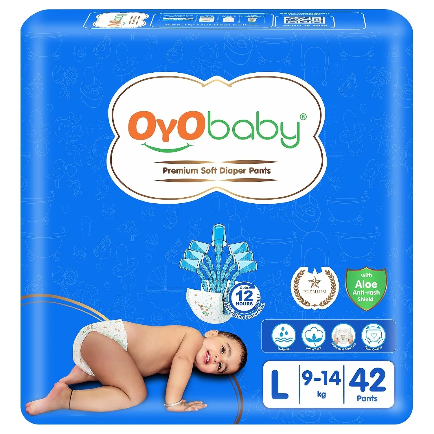 OYO BABY Pant Style Baby Diapers, Pack of 1 - Large (L), 42 Count, for Babies 9-14kg, with Aloe Vera Lotion for Rash Protection & Up to 12 Hours Protection