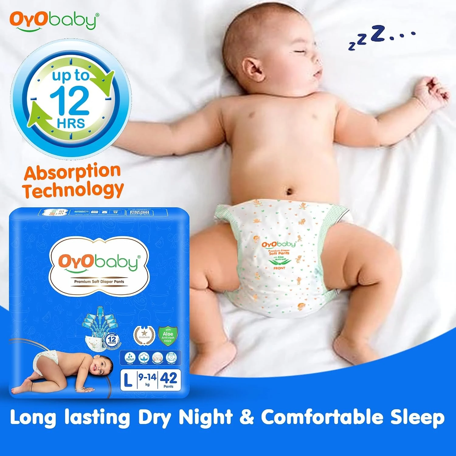 OYO BABY Pant Style Baby Diapers, Pack of 1 - Large (L), 42 Count, for Babies 9-14kg, with Aloe Vera Lotion for Rash Protection & Up to 12 Hours Protection