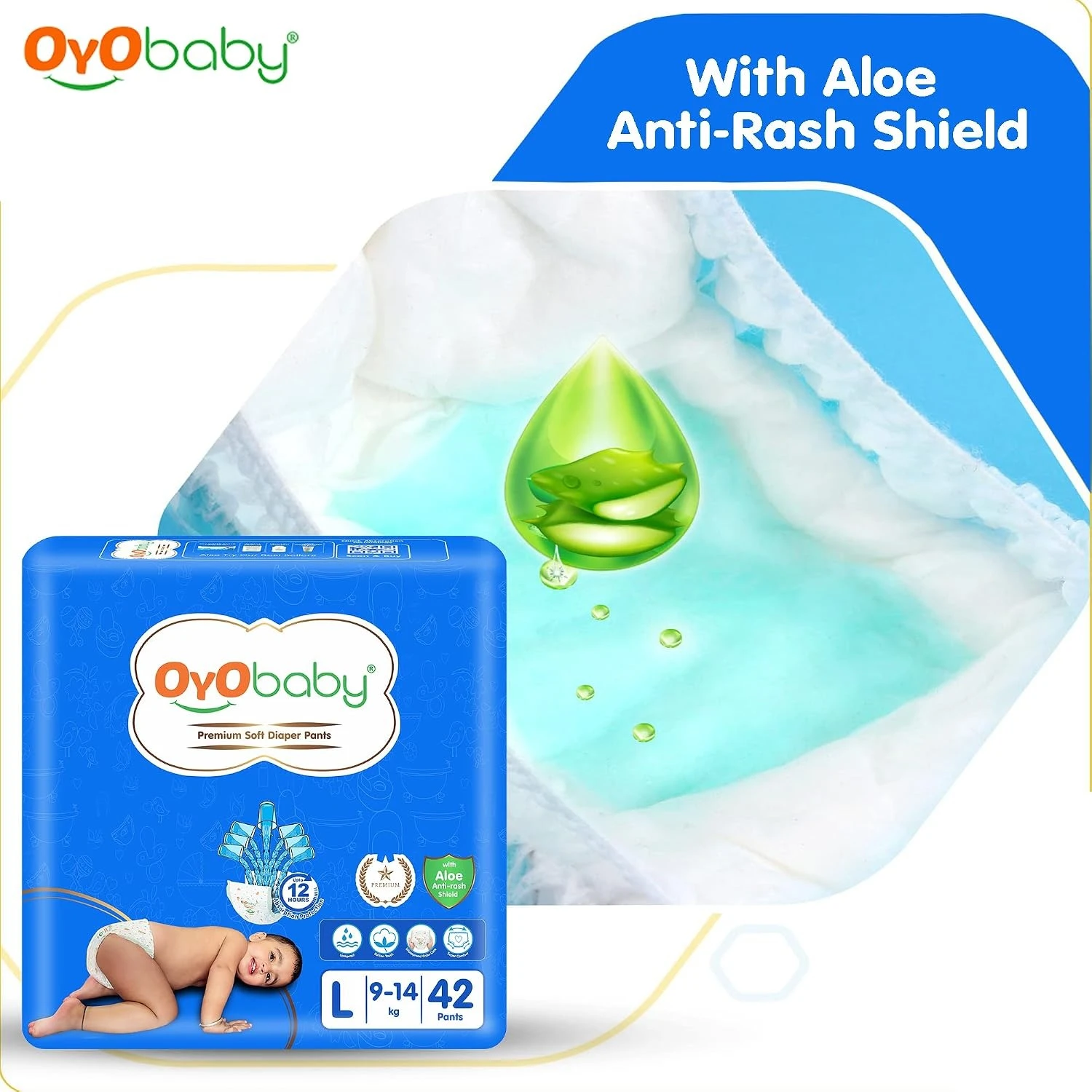 OYO BABY Pant Style Baby Diapers, Pack of 1 - Large (L), 42 Count, for Babies 9-14kg, with Aloe Vera Lotion for Rash Protection & Up to 12 Hours Protection