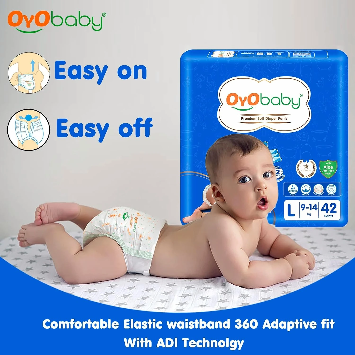 OYO BABY Fastest Absorbing & Long Lasting Dry Night & Comfortable Sleep Style Diaper Pants, Size 9-14 kg baby 42Count (Pack of 2), Complete Comfort Wonder Pants New Born Baby Diaper Pant