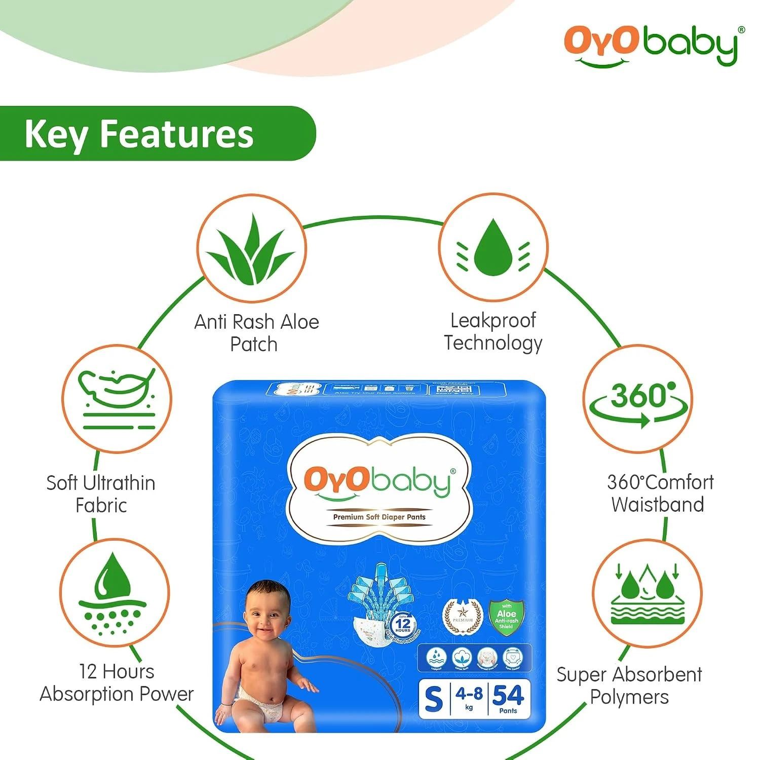 OYO BABY Pant Style Baby Diapers, Pack of 1 - Small (S), 54 Count, for Babies 4-8kg, with Aloe Vera Lotion for Rash Protection & Up to 12 Hours Protection