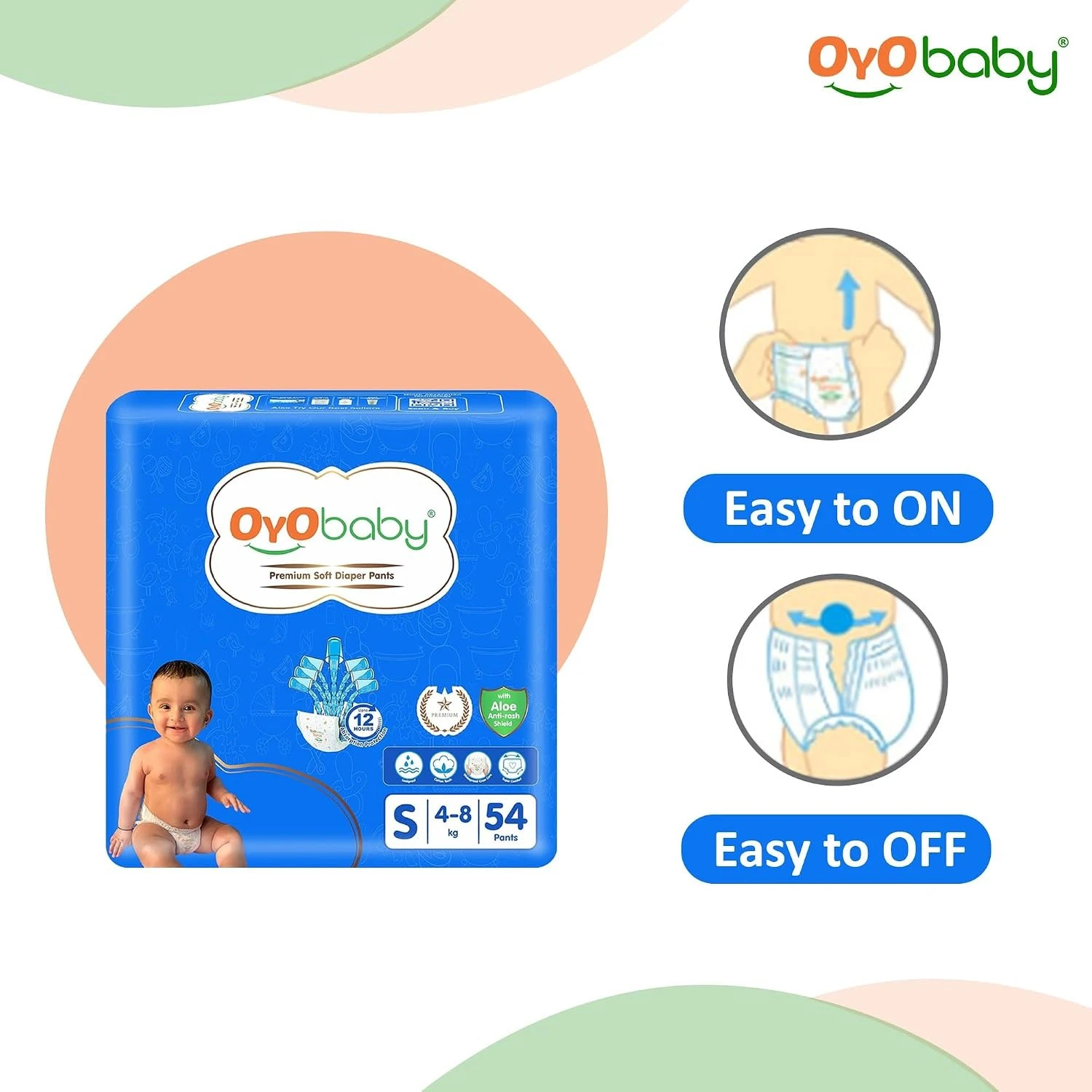 OYO BABY Pant Style Baby Diapers, Pack of 1 - Small (S), 54 Count, for Babies 4-8kg, with Aloe Vera Lotion for Rash Protection & Up to 12 Hours Protection