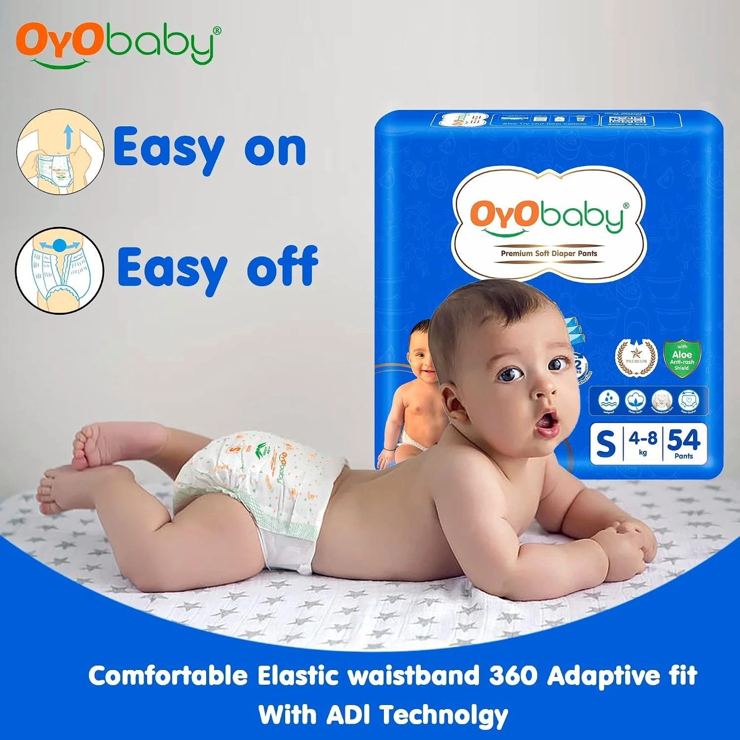 OYO BABY Pant Style Baby Diapers, Pack of 2 - Small (S), 54Count, for Babies 4-8kg, with Aloe Vera Lotion for Rash Protection & Up to 12 Hours Protection