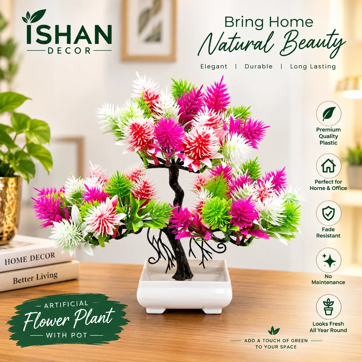 ISHAN DECOR Delightful Poted Artificial Multicolor Decor | Fake Plants | Artificial Plants ( Pack of 1)