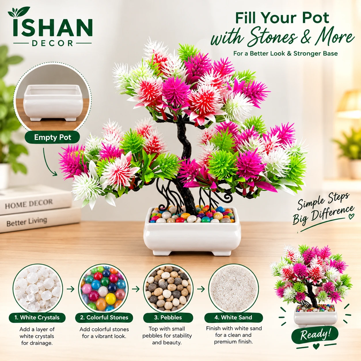 ISHAN DECOR Delightful Poted Artificial Multicolor Decor | Fake Plants | Artificial Plants ( Pack of 1)