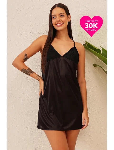 Clovia Satin Babydoll With Lacy Back - Black