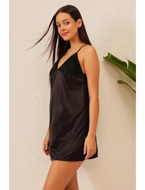 Clovia Satin Babydoll With Lacy Back - Black