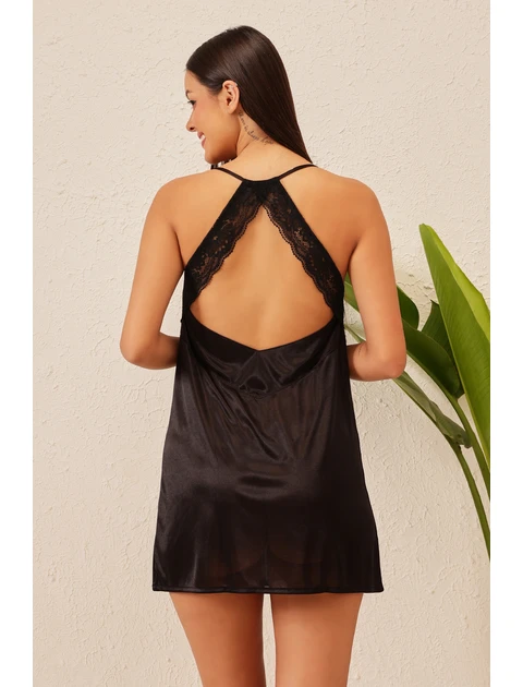 Clovia Satin Babydoll With Lacy Back - Black